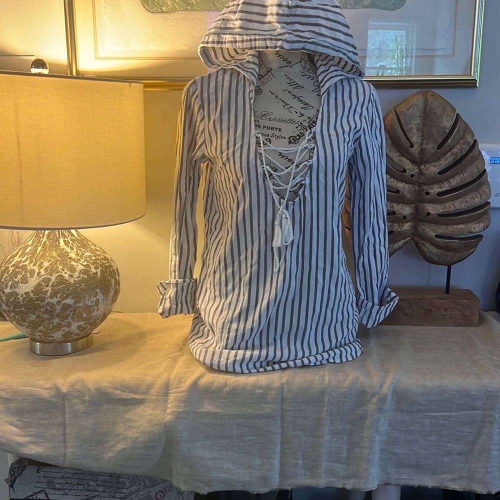 Billabong Striped Hooded Swim Coverup - White and Black